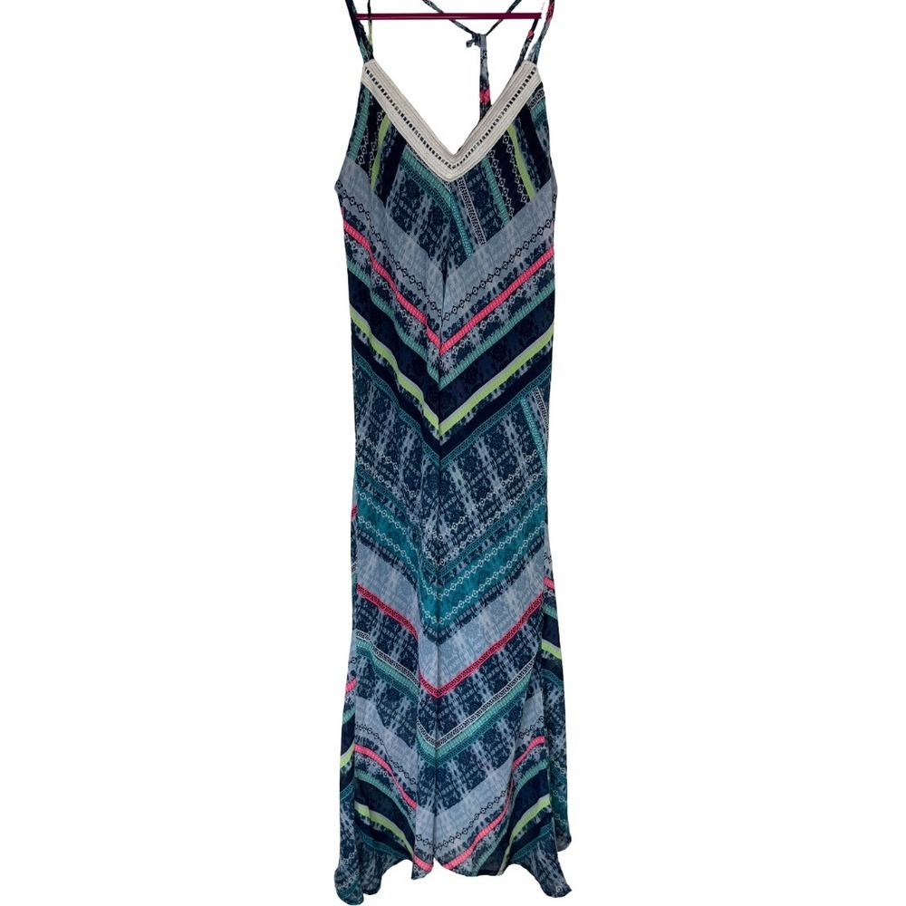 Maurices Maxi Dress Womens Small Blue Geometric Tribal Boho V-Neck Crochet Dress
